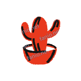 A red crayon cactus with two raised arms and black lines, standing in a red pot.