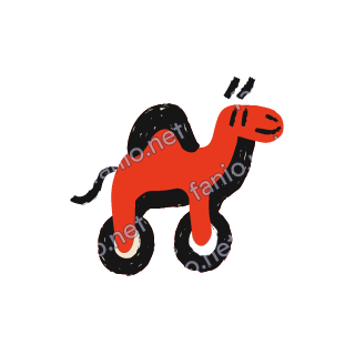 A red crayon camel with a smiling face and a black hump, standing on two black wheels like a pull toy.
