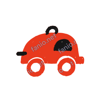 A red crayon small rounded car seen from the side, with a dark window and two round wheels.
