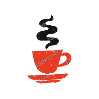 A red crayon cup on a saucer with a thick black swirl of steam rising above it.
