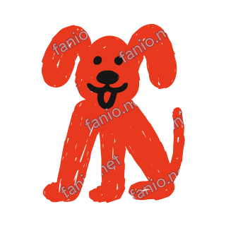A red crayon dog sitting front on with big floppy ears, a black nose, a wide smile and its tongue out.