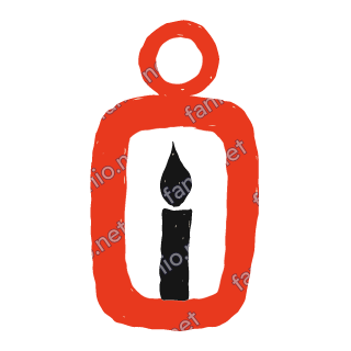 A red crayon lantern drawn as a rounded frame with a ring on top and a black candle with a black flame inside.
