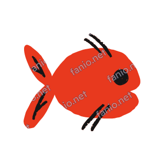 A red crayon fish with a big black eye, a forked tail and black scratchy lines for fins, facing right.