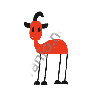 A red crayon gazelle standing on thin black legs, with black curved horns and black ears.