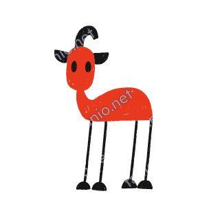 A red crayon gazelle standing on thin black legs, with black curved horns and black ears.