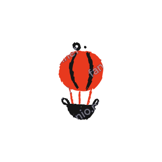 A red crayon hot air balloon with striped panels and a small black basket below.