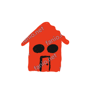 A red crayon house with a pitched roof, two black windows and a small door.