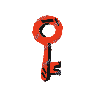 A red crayon key with a round bow and a short toothed bit, outlined on one side with rough black strokes.
