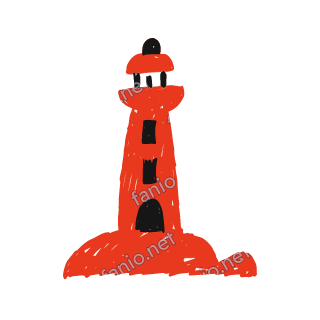A red crayon lighthouse with black stripes and a small dark door, standing on a low red rock.