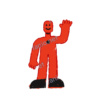 A red crayon man with a small smiling face, a black dot on his chest and big black shoes, raising one hand in a wave.