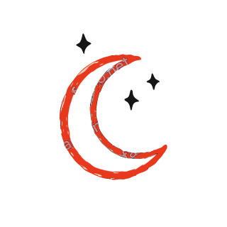 A red crayon crescent moon drawn as an outline, with three small black four-pointed stars around it.