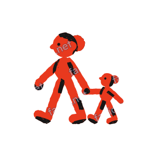 A red crayon mother with her hair in a bun walking hand in hand with a small child, both with black hair and black marks at the joints.
