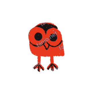A red crayon owl with big round black eyes, a small beak and black talons.