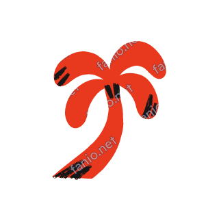 A red crayon palm tree with a curved trunk and a crown of rounded fronds marked with black strokes.
