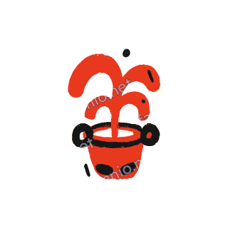 A red crayon plant with three curling leaves growing from a red pot with black ring handles and two black spots.