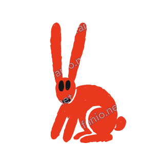 A red crayon rabbit sitting with two very long upright ears and a small black eye.
