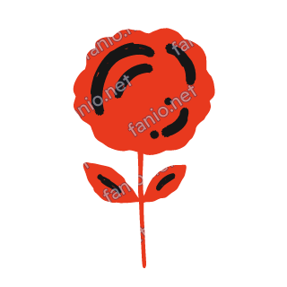 A red crayon rose with a round bloom swirled in black, on a thin stem with two leaves.