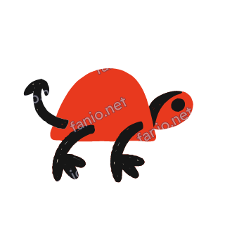 A red crayon turtle walking, with a dome shell, black legs and a curled black tail.
