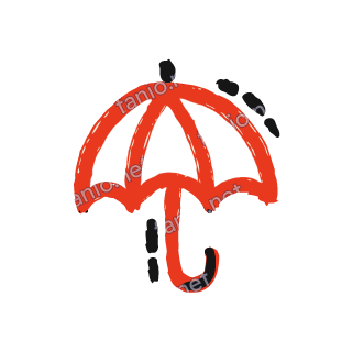A red crayon open umbrella with a black tip and a hooked black handle end, with short black rain dashes beside it.