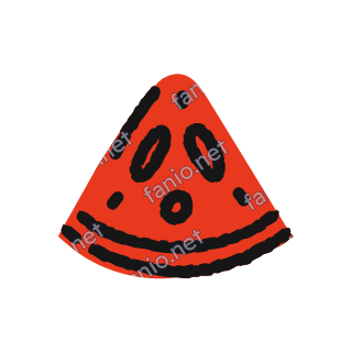 A red crayon watermelon slice with black oval seeds and two black curved stripes along its rounded edge.