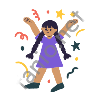 Dana throws small confetti pieces into the air with both hands, cheering.