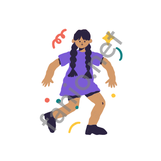 Dana dances with her arms swinging and one leg lifted, joyful.