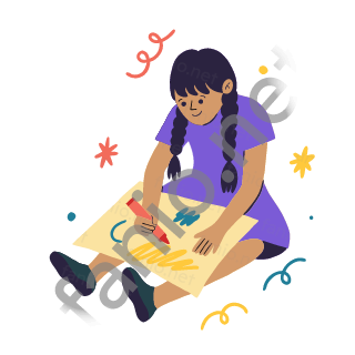 Dana sits on the floor and draws on a big sheet of paper with a crayon.