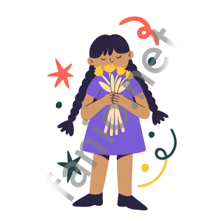 Dana holds a bunch of flowers in both hands and smells them with her eyes closed.