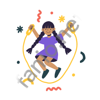 Dana jumps over a skipping rope, holding a handle in each hand, joyful.