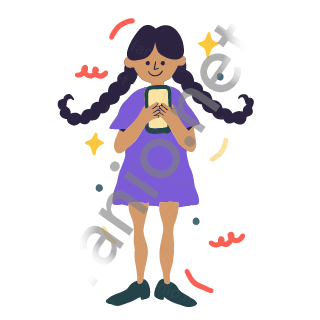Dana holds a phone in both hands and smiles at it.