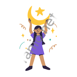 Dana holds a big golden crescent moon and a star above the head with both hands, joyful.
