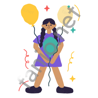 Dana holds three colourful balloons by their strings, celebrating Eid and cheering.