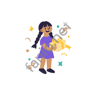 Dana holds out a wrapped Eid gift box with a ribbon in both hands, smiling warmly.