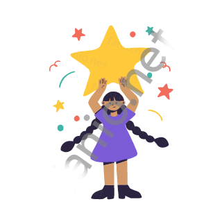 Dana holds a big yellow star in both hands above her head, proud.