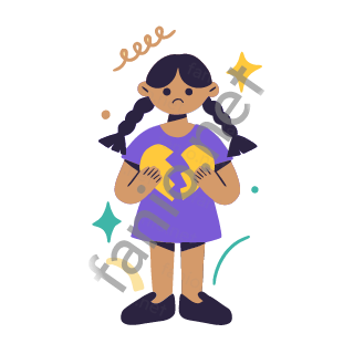 Dana holds a broken heart split in two halves, one in each hand, with a worried face.