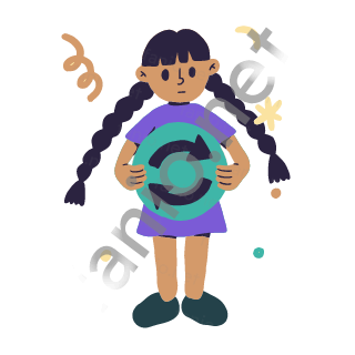 Dana holds a round teal badge with two arrows chasing each other in a circle.
