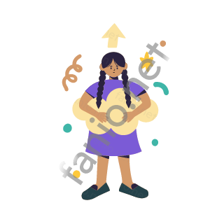 Dana holds a big pale yellow cloud in both hands with an up arrow above it.