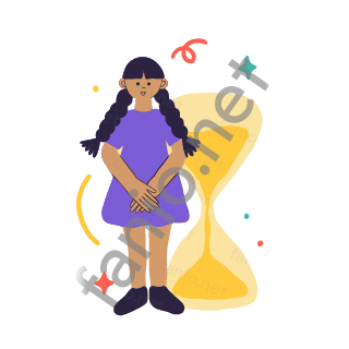 Dana stands next to a big hourglass and waits patiently with her hands folded.