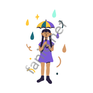 Dana holds a small umbrella over her head in the rain, with a few raindrops around.