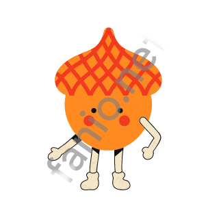 An orange acorn with a red net cap, rosy red cheeks and a smiling face, standing on sand legs with arms out.