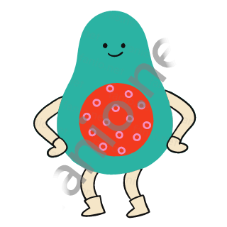 A teal avocado half with a big red pit marked with pink rings and a smiling face above it, standing on sand legs with hands on hips.