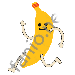 A yellow curved banana with a smiling face and short orange strokes on its tip, running on sand legs with arms pumping.