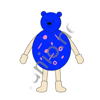 A round blue bear with small ears, a smiling face and pink marks on its belly, standing with sand arms and legs.