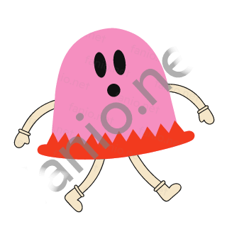 A pink bell-shaped monster with two black oval eyes and a small round mouth, a red zigzag rim at its bottom, dancing on two sand legs with arms swinging.