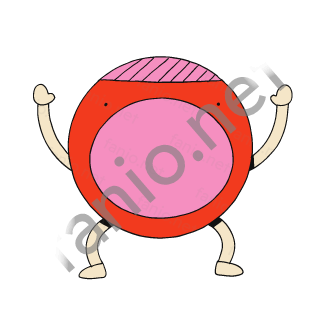 A round red monster that is mostly one wide open pink mouth, with two tiny black eyes and pink stripes on top of its head, standing on sand legs with arms raised in surprise.