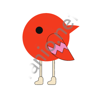 A round red bird with a pointed beak, one black eye and a tucked wing marked with pink zigzags, standing on two thin sand legs.