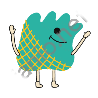 A lumpy teal blob monster with wavy bumps on top, one black eye and a crooked smile, a yellow net over one side, standing on sand legs with arms raised.