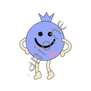 A round lavender blue blueberry with a little crown on top, a wide grin and two pink dots, standing with hands on hips.