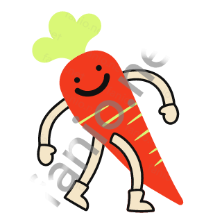 A long orange red carrot with a lime leafy top, a wide grin and short yellow strokes across its middle, marching on sand legs.