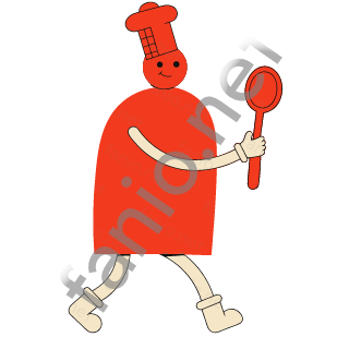 A chef with a red rounded coat body, a small red head and a tall red hat with a checked patch, holding up a red ladle while walking on sand legs.